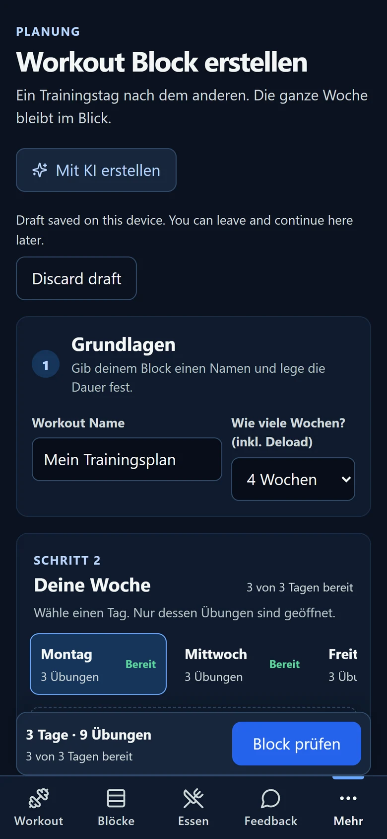 Workout Builder: Name, Dauer und Trainingstage