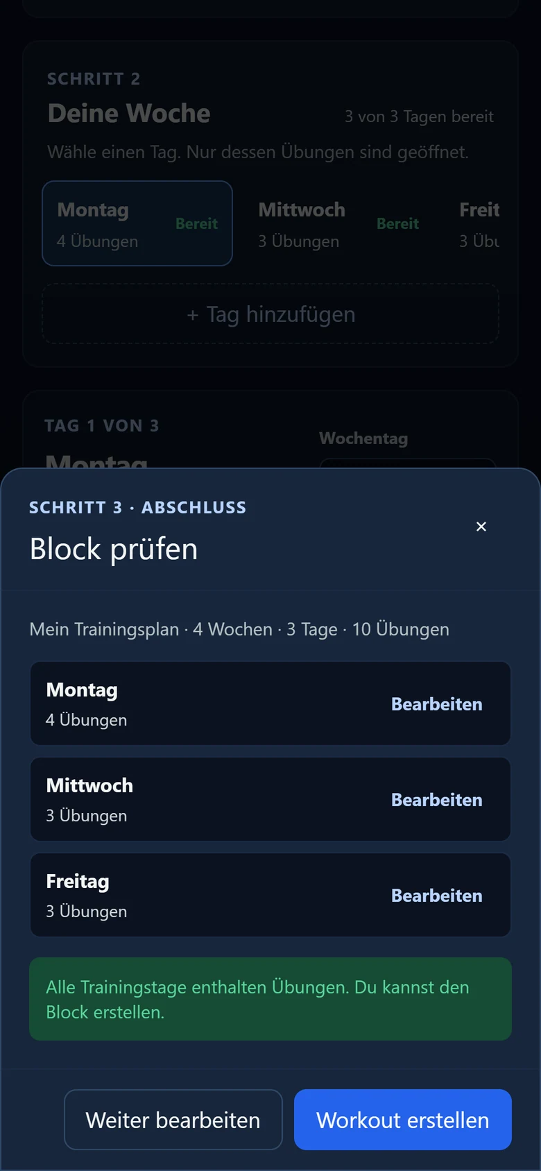 Trainingsblock vor dem Erstellen prüfen