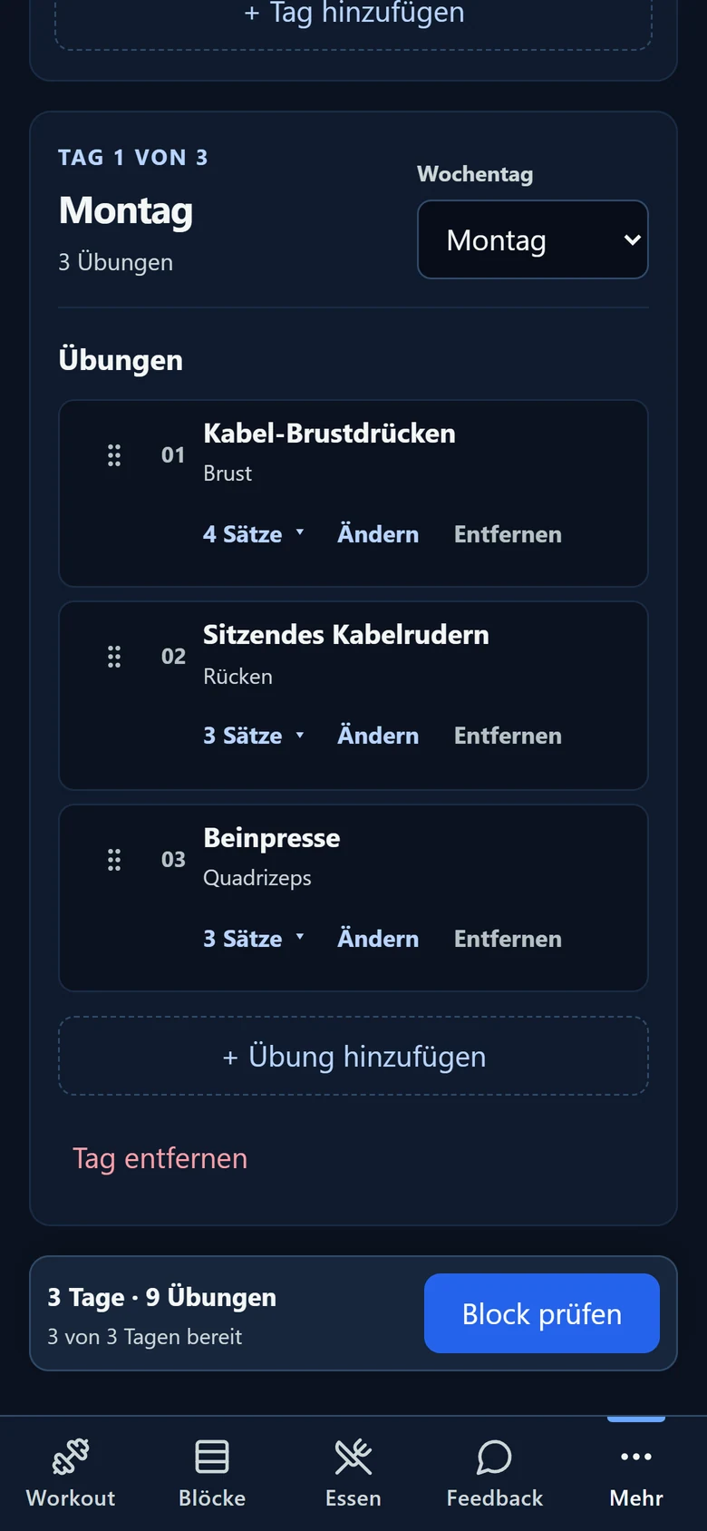 Workout Builder: Satzanzahl einer Übung ändern